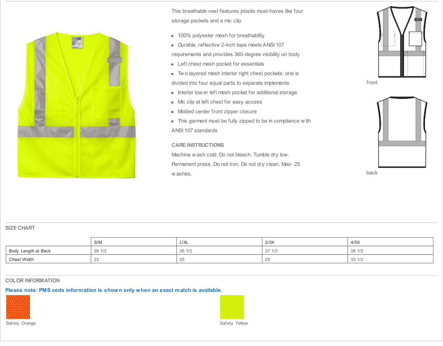 CornerStone® ANSI 107 Class 2 Mesh Zippered Vest-CSV102