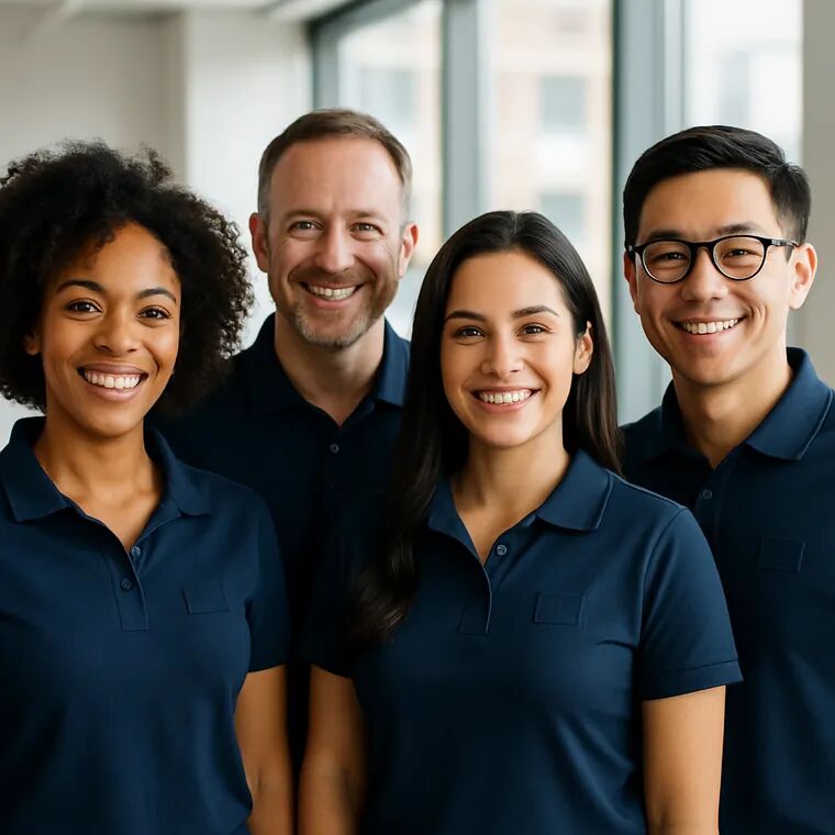 Business team wearing custom embroidered polo shirts