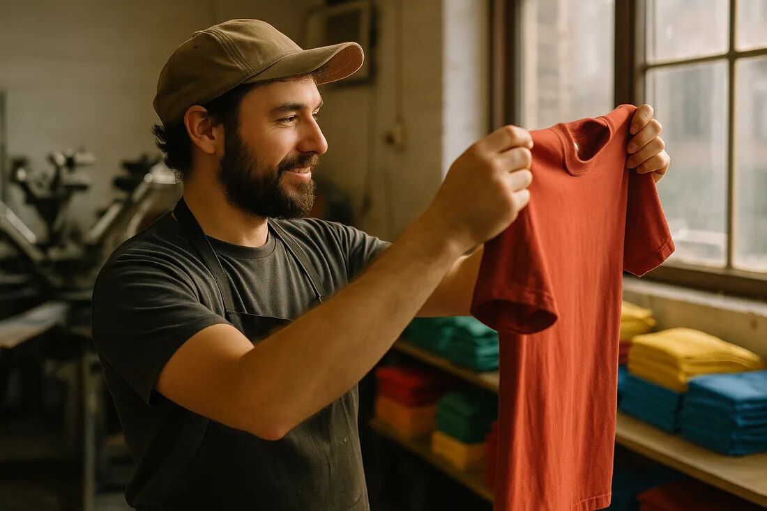 L1 Print team member inspecting a freshly printed custom t-shirt in the Long Island shop