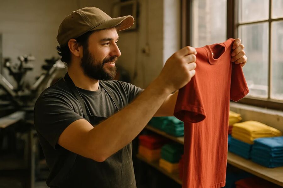 L1 Print team member inspecting custom apparel in the local shop