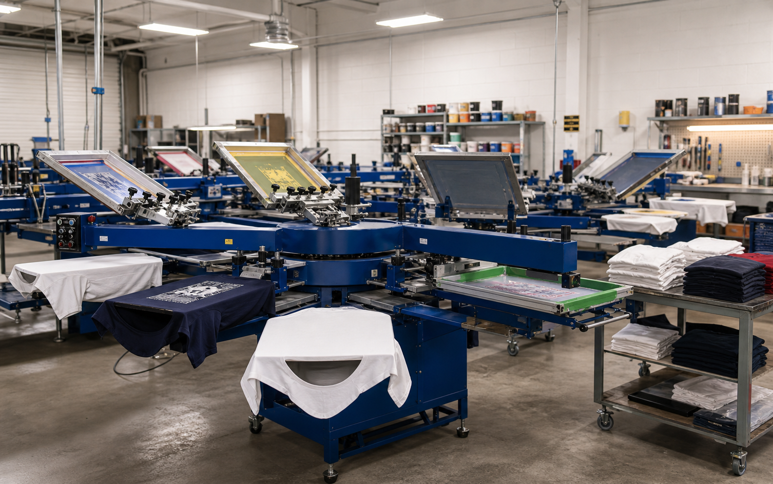 Illustrative commercial screen-printing workshop with carousel presses and apparel production equipment