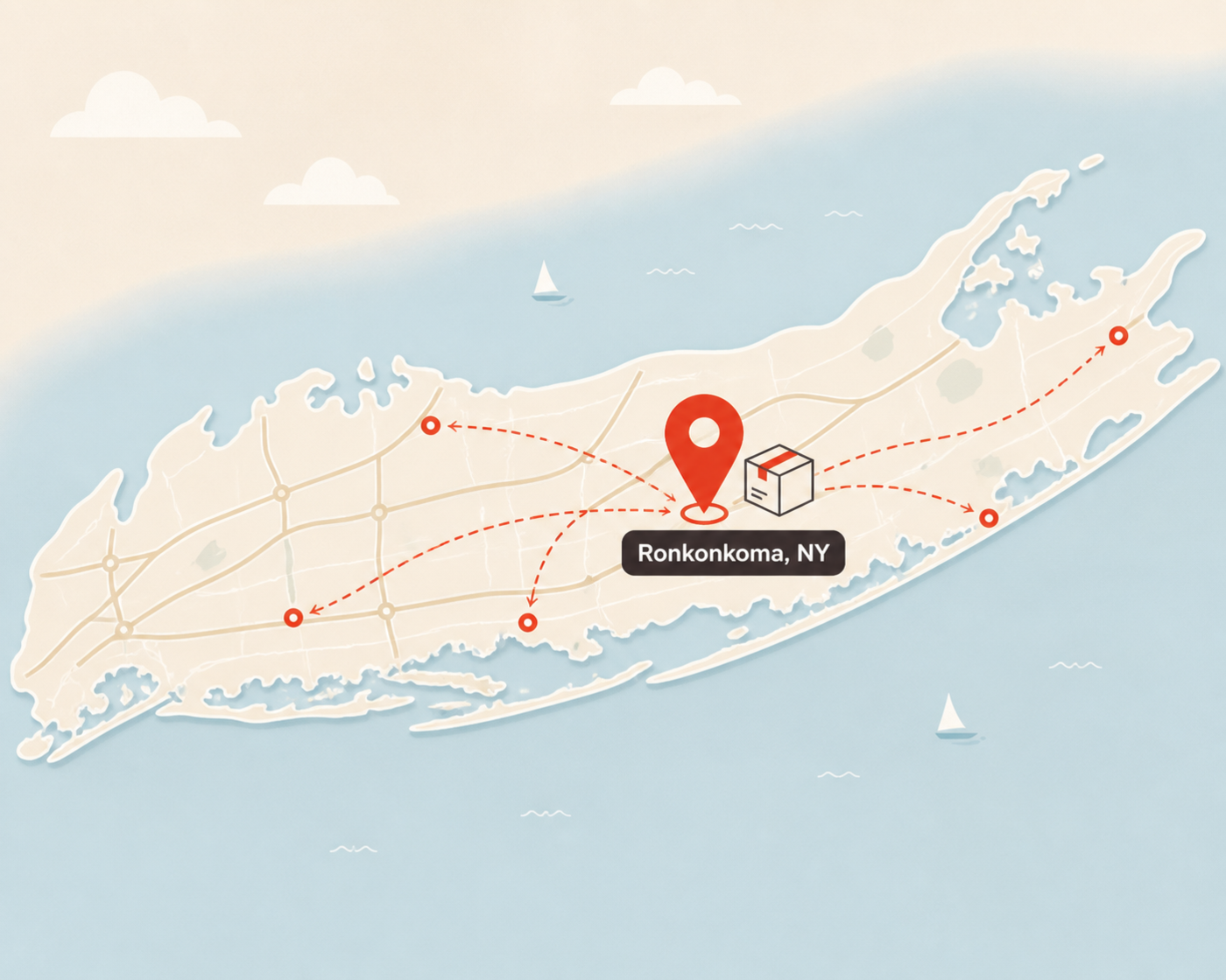 Map of Long Island showing L1 Print in Ronkonkoma, New York and local delivery coverage