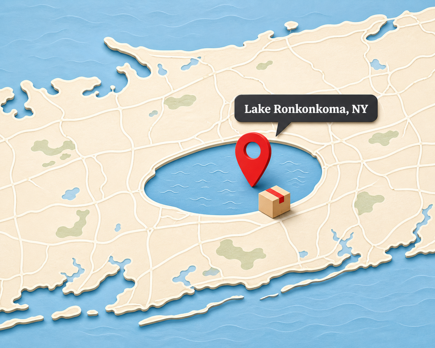 Illustrated map highlighting Lake Ronkonkoma, New York and nearby L1 Print service