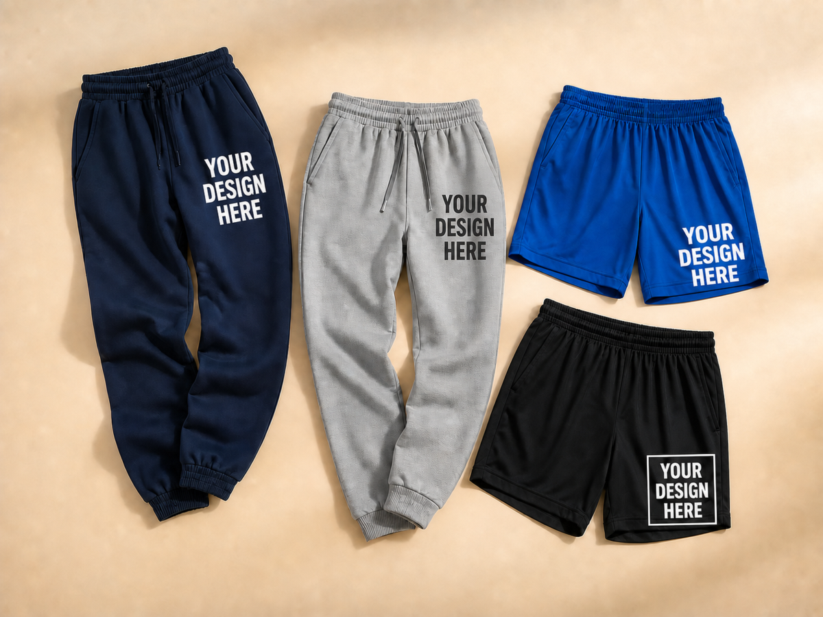 Customized navy sweatpants, gray joggers, blue athletic shorts and black performance shorts with large Your Design Here artwork