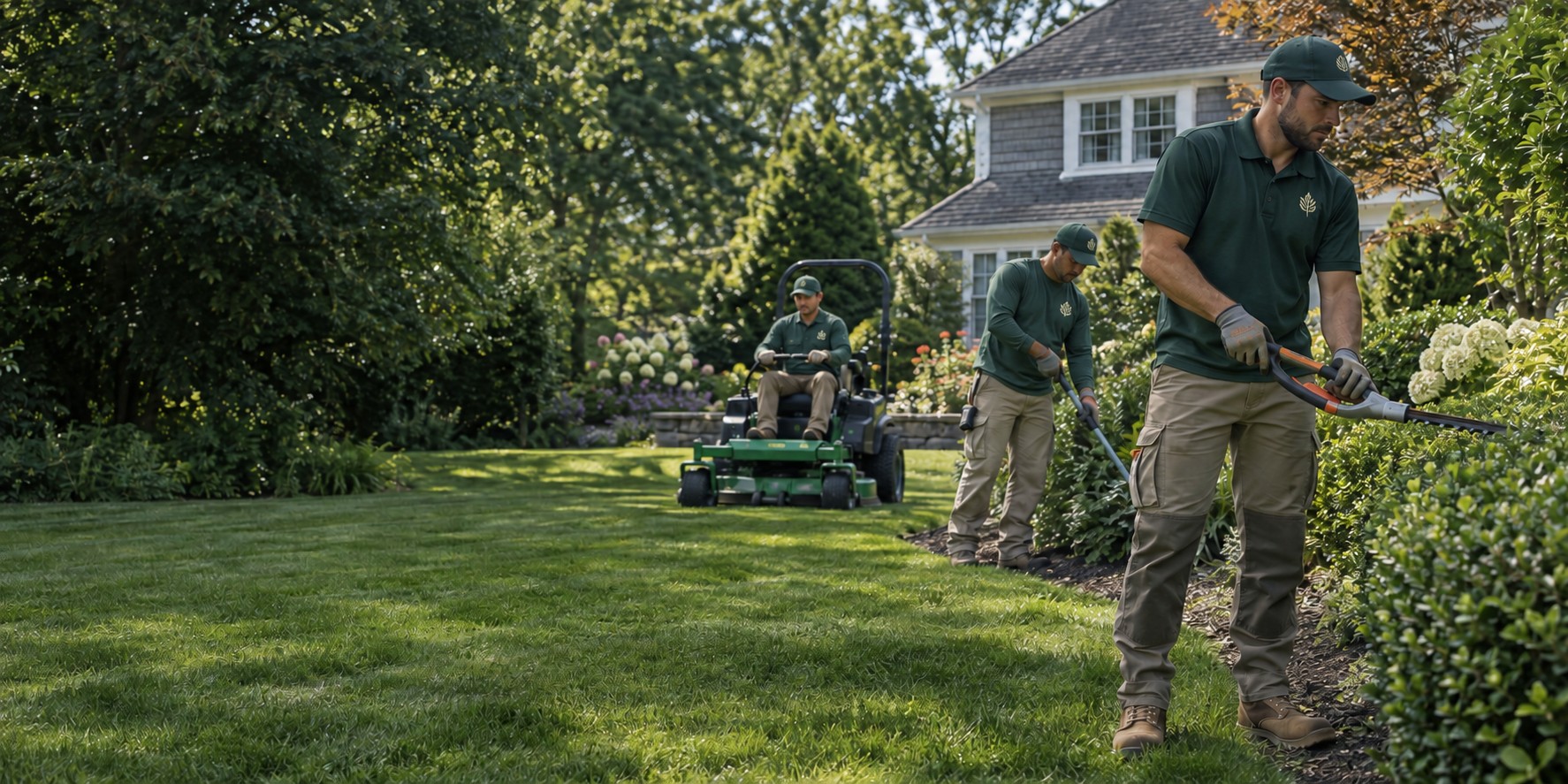 Landscaping crew wearing coordinated forest green branded workwear on a Long Island property