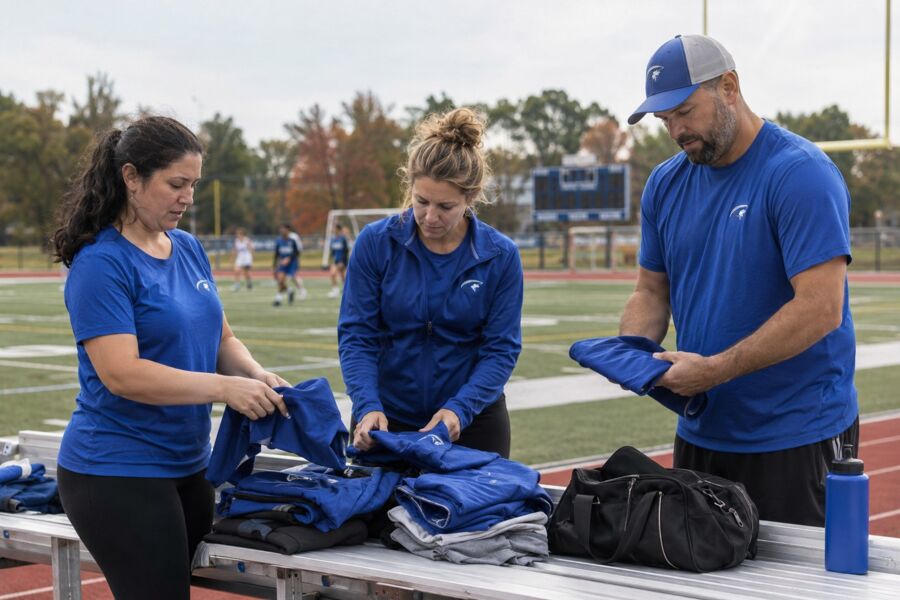 Team wearing matching custom performance polos
