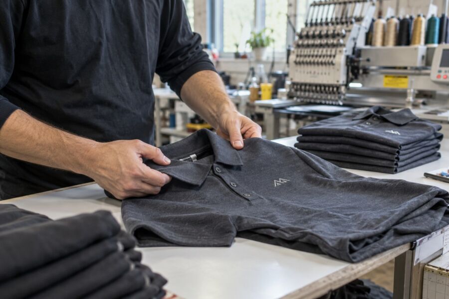 L1 Print team member inspecting custom apparel in the local shop