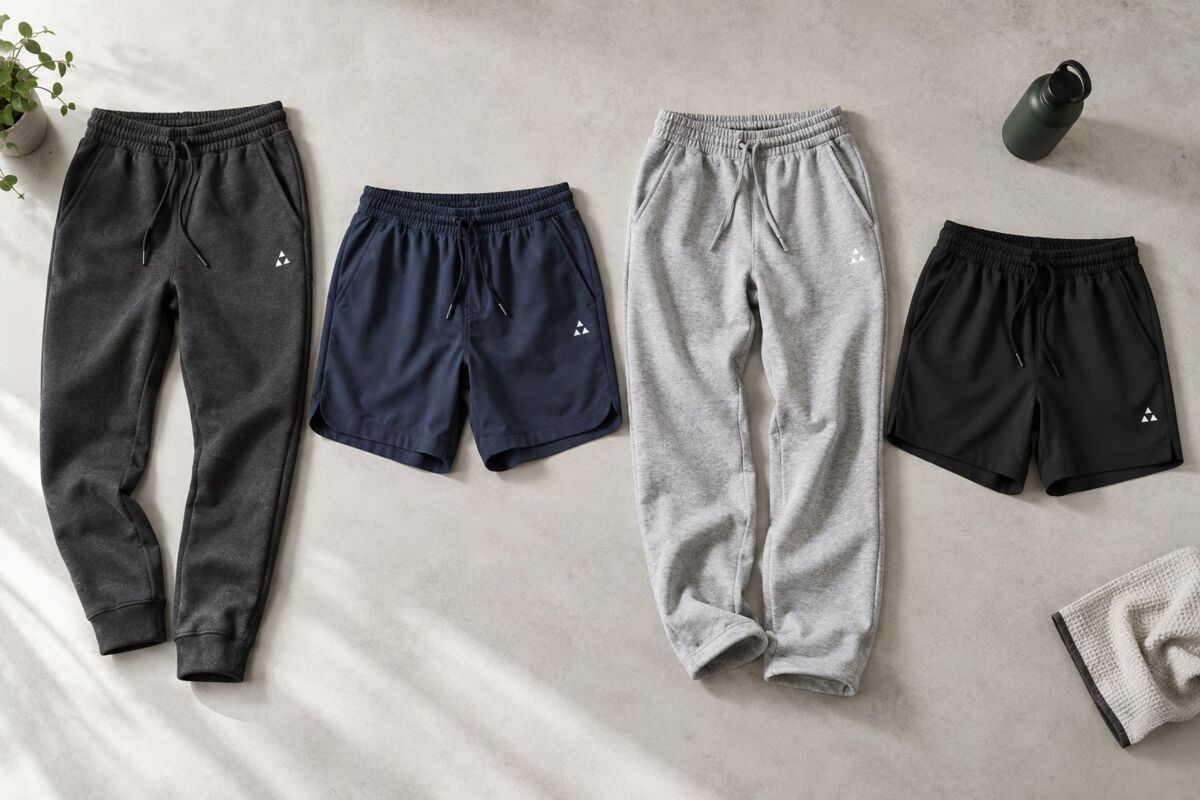 Illustrative joggers, sweatpants and athletic shorts with realistic fabric details