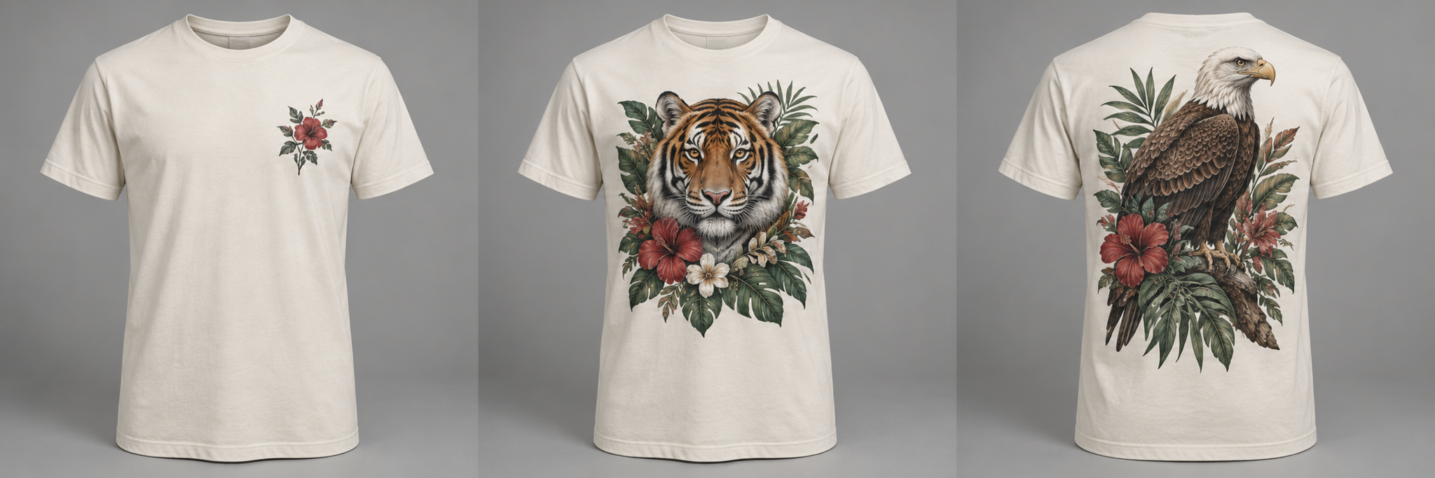 Illustrative left-chest DTF placement on an ivory T-shirt
